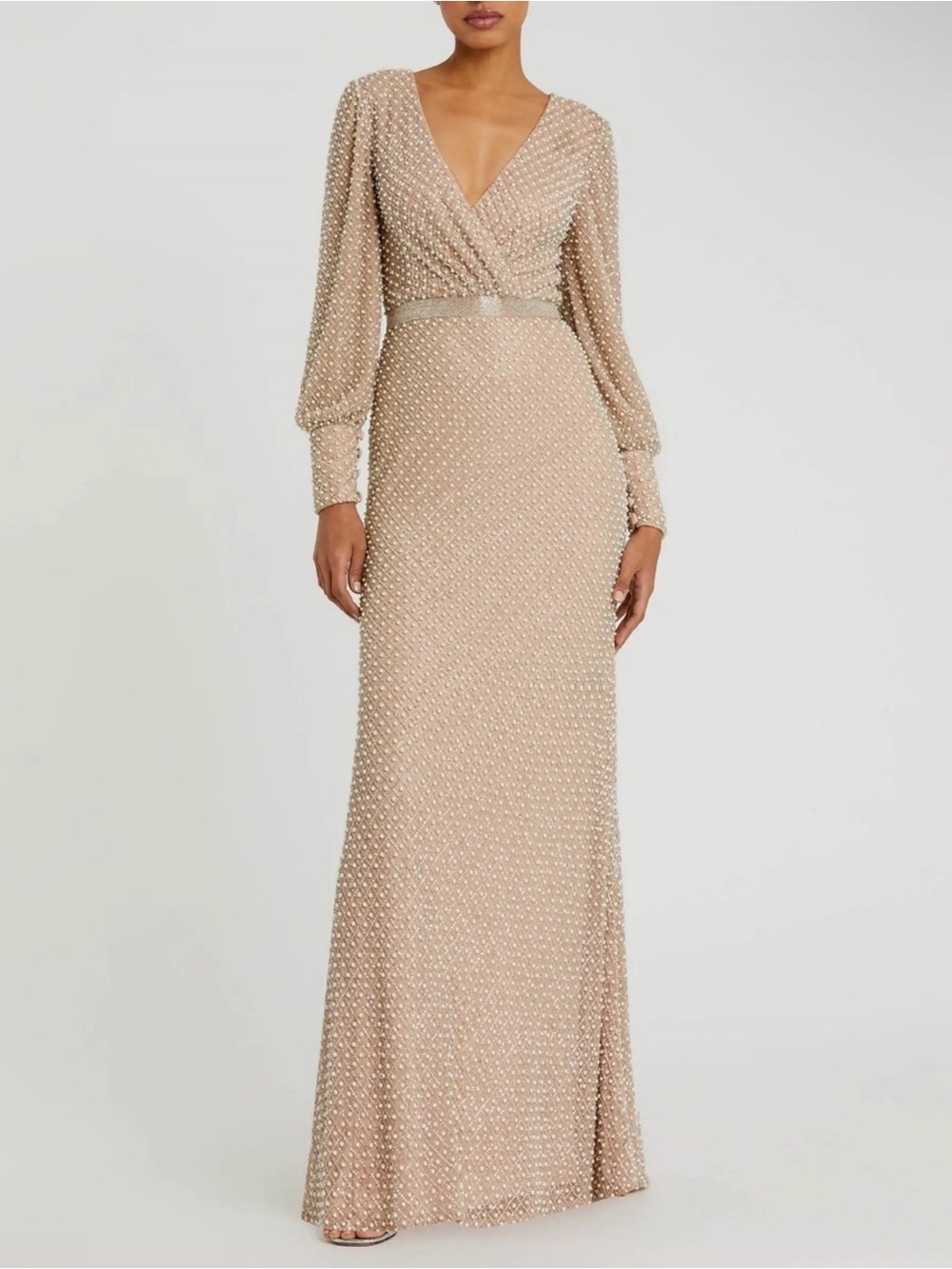 Mac Duggal Ivory Nude Embellished Beaded Pearl Long-Sleeve V-Neck Evening Gown